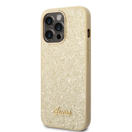 Apple iPhone 14 Pro Max Guess Glitter Flakes Metal Logo etui (Złoty) - GUHCP14XHGGSHD