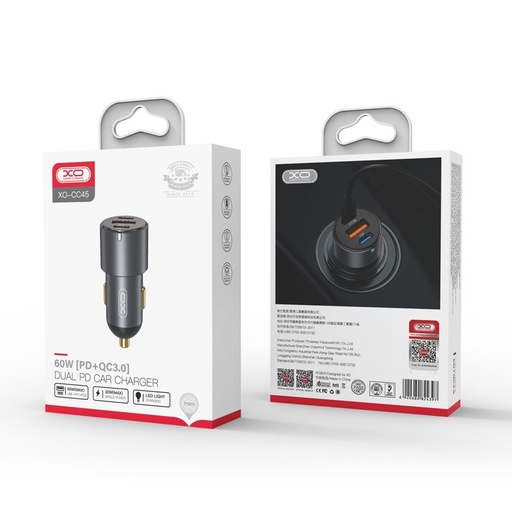 XO CC45 samochodowy szybka ładowarka 2 PD + QC 3.0 ze złączem lightning z kablem, czarno-biały
