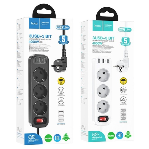Hoco NS2 duży o mocy przedłużacz gniazdo, 3 gniazdo + 3 * USB 5V / 2.4A wyjście czarny