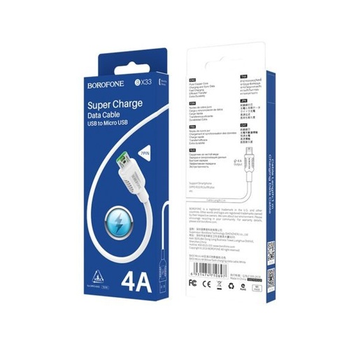 Borofone BX33 microUSB kabel (szybka ładowarka), 4A, 1,2m, biały