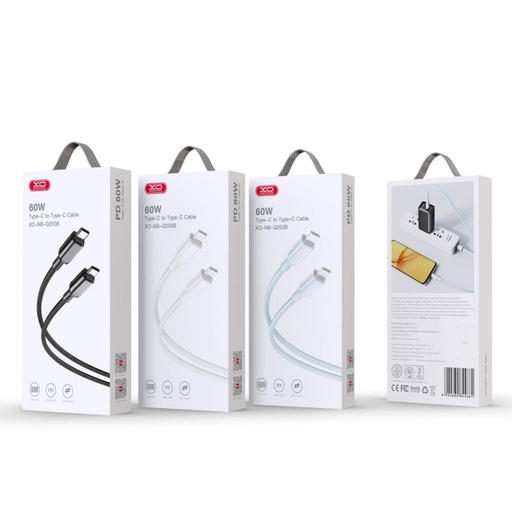 XO NB-Q250B USB-C–USB-C kabel do transmisji danych (Biały) – 60W, błyszczący PVC pokrycie