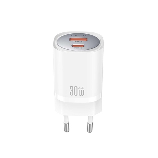 XO CE21 30W GaN szybka ładowarka (Biały) – PD 30W, USB-C + USB-A złącze, Lightning z kablem