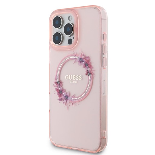 Apple iPhone 16 Pro Guess IML Flowers Ring MagSafe etui (Różowy) - GUHMP16LHFWFCP