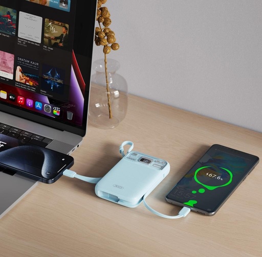 XO PR243 power bank 10000 mAh (Niebieski) – szybkie ładowanie 22.5W, cyfrowy ekran, USB-C i Lightning kabel