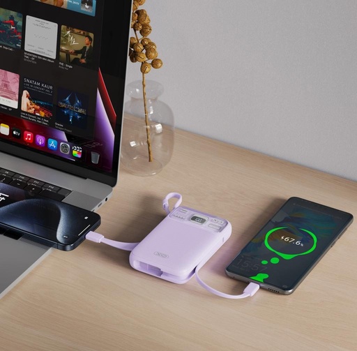 XO PR243 power bank 10000 mAh (Fioletowy) – szybkie ładowanie 22.5W, cyfrowy ekran, USB-C i Lightning kabel