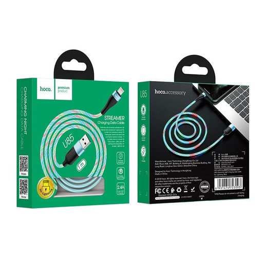 Hoco U85 lightning kabel, 2,4A, świecący, 1m, niebieski