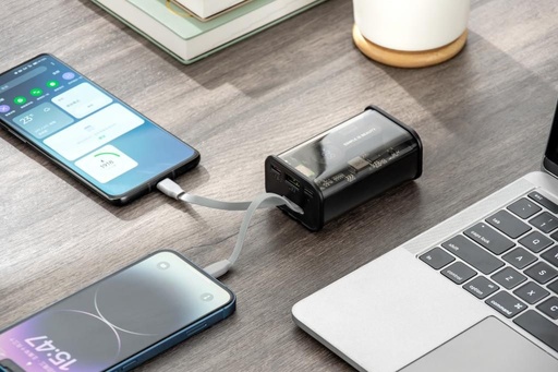 XO PB306 power bank 10000 mAh (Brązowy) – cyfrowy ekran, PD 20W + QC 22.5W, USB-C i Lightning kabel