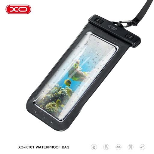 XO KT01 PVC wodoodporny etui na telefon otwierany ablakkal i ze smyczą (Czarny)