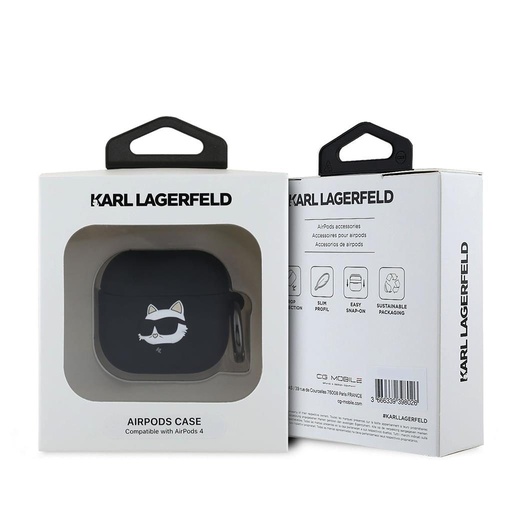 Apple AirPods 4 Karl Lagerfeld 3D Logo NFT Choupette Head Silicone etui (Czarny) - KLA4RUNCHK
