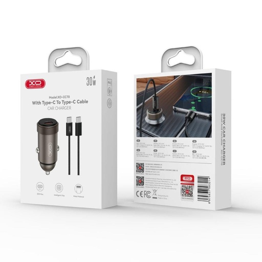 XO CC70 samochodowy ładowarka PD 30W 1×USB-C + USB-C – USB-C kabel (Czarny)