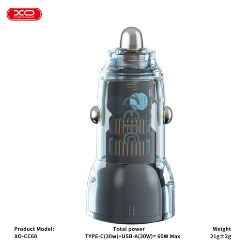 XO CC60 samochodowy ładowarka 60W 1×USB + 1×USB-C (Niebieski)