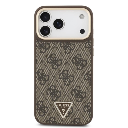 Guess PU Leather 4G Strass Triangle Logo Złoty Frame MagSafe etui iPhone 17 Pro Max (Brązowy)