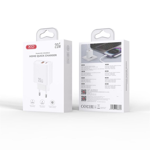 XO CE40(EU) sieciowy szybka ładowarka (Biały) - 20W, 1xUSB-A + 1xUSB-C
