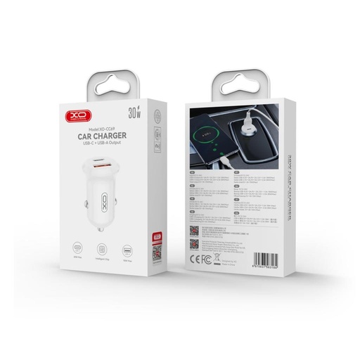 XO CC69 Mini Smart samochodowy ładowarka + Type-C kabel (Biały) - 30W, A+C, NB103 zestaw