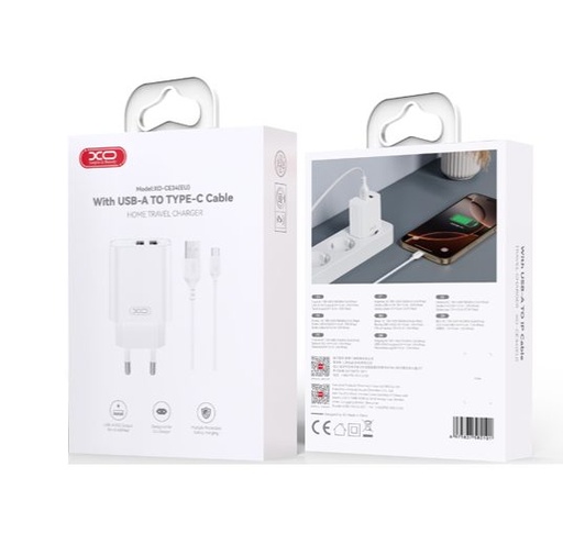 XO CE34(EU) sieciowy ładowarka + Type-C kabel (Biały) - 2.4A, Dual USB-A, NB103 zestaw