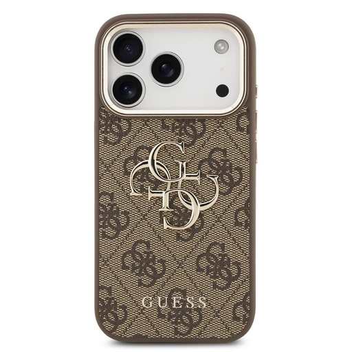 Guess PU Leather 4G Metal Logo Złoty Frame iPhone 17 Pro (Brązowy)