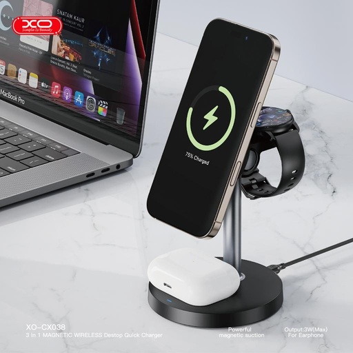 XO CX038 3-in-1 biurkowy bezprzewodowy ładowarka (Czarny) - 15W