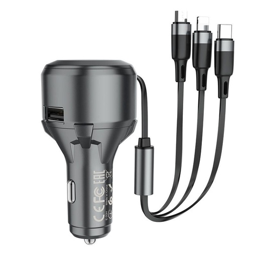 Hoco S27 samochodowy ładowarka (type-C + lightning + microUSB kabel), 5V 4.8A, zwijany kabel, szary
