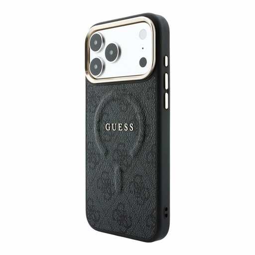 Apple iPhone 18 Pro Guess Leather 4G Złoty Frame Embossed MagSafe skóra etui ochronne (Czarny) (GUHMP18LP4MSEGCK)