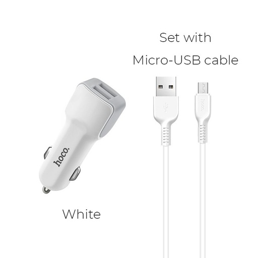 Hoco Z23 samochodowy ładowarka (2 USB port, microUSB kabel), 5V 2,4A, biały