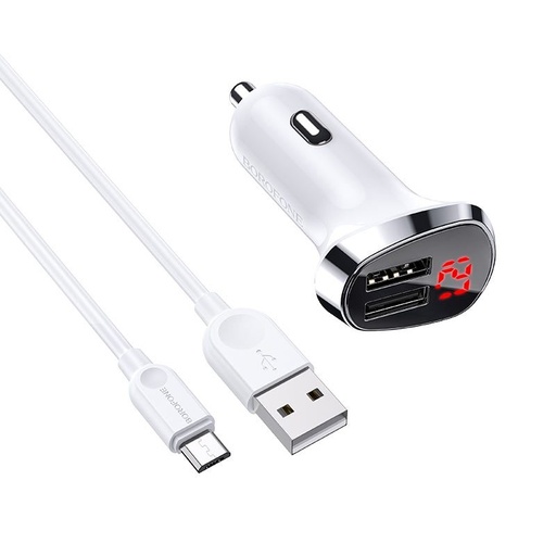 Borofone BZ15 samochodowy ładowarka (2 USB port, microUSB kabel), LED wskaźnik stanu, 5V 2,4A, biały