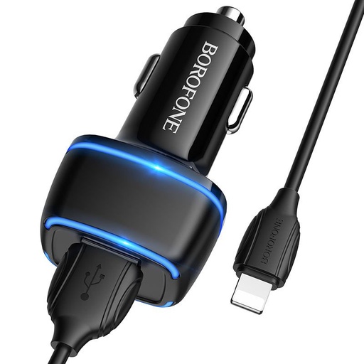 Borofone BZ14 samochodowy ładowarka (2 USB port, lightning kabel), 5V 2,4A, czarny