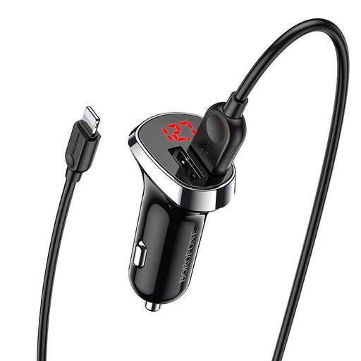 Borofone BZ15 samochodowy ładowarka (2 USB port, lightning kabel), LED wskaźnik stanu, 5V 2,4A, czarny