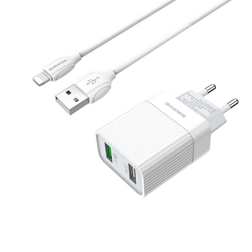 Borofone BA39A sieciowy szybka ładowarka (QC + PD złącze), PD lightning kabel, QC 3.0, 18W, biały