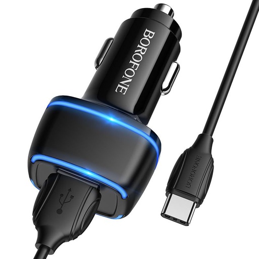 Borofone BZ14 samochodowy ładowarka (2 USB, type-C kabel), 5V 2.4A, czarny