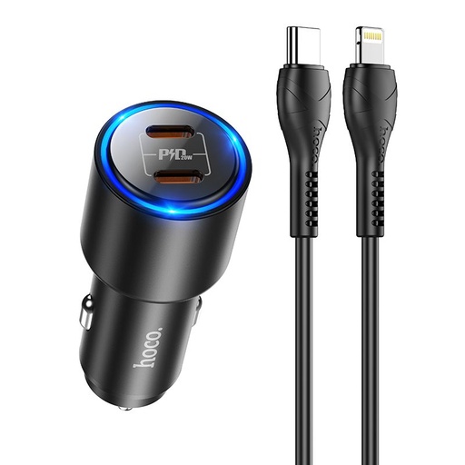 Hoco NZ3 PD 3.0 samochodowy szybka ładowarka ( 2 USB-C port, lightning kabel), PD 40W, czarny
