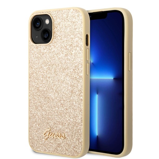Apple iPhone 14 Guess Glitter Flakes Metal Logo etui (Złoty) - GUHCP14SHGGSHD