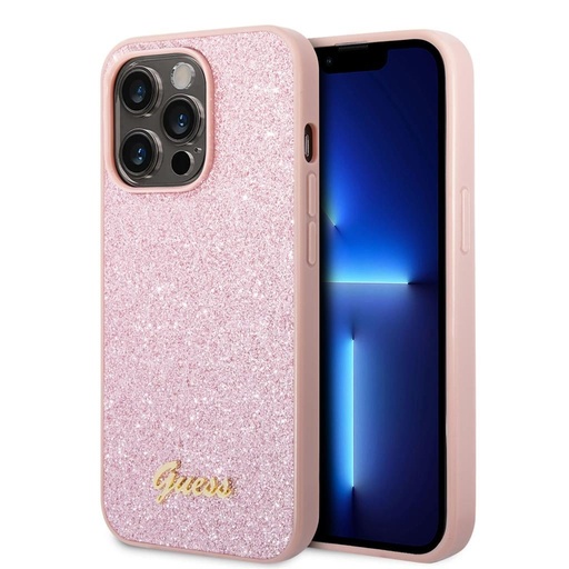 Apple iPhone 14 Pro Guess Glitter Flakes Metal Logo etui (Różowy) - GUHCP14LHGGSHP