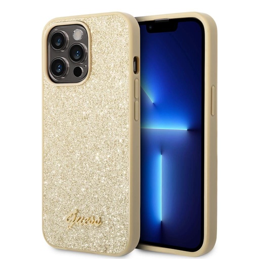 Apple iPhone 14 Pro Max Guess Glitter Flakes Metal Logo etui (Złoty) - GUHCP14XHGGSHD