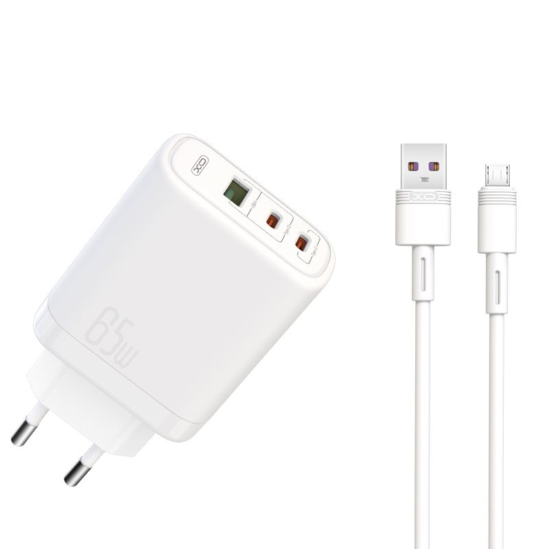 XO CE04 gyorstöltő max. 65W (Fehér) – USB-C PD + USB-A QC, Type-C kábellel