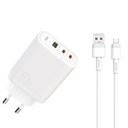 XO CE04 gyorstöltő max. 65W (Fehér) – USB-C PD + USB-A QC, Type-C kábellel