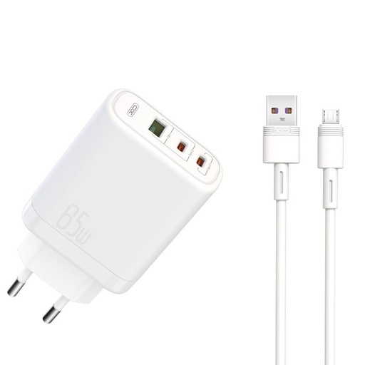 XO CE04 szybka ładowarka max. 65W (Biały) – USB-C PD + USB-A QC, Type-C z kablem