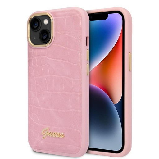 Apple iPhone 14 Guess PU Croco etui metal aparat z ramką (Różowy) - GUHCP14SHGCRHP
