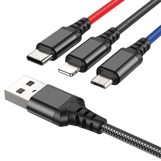 Hoco X76 3in1 kabel (microUSB + type-C + lightning), czarny/czerwony/niebieski