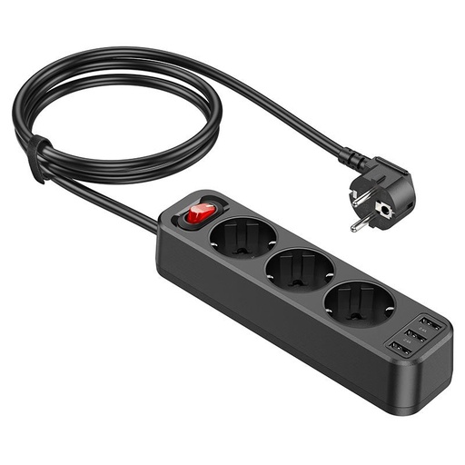Hoco NS2 duży o mocy przedłużacz gniazdo, 3 gniazdo + 3 * USB 5V / 2.4A wyjście czarny