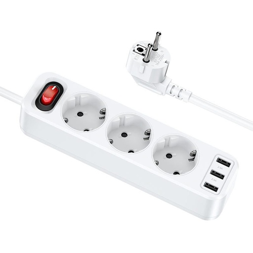 Hoco NS2 duży o mocy przedłużacz gniazdo, 3 gniazdo + 3 * USB 5V / 2.4A wyjście biały