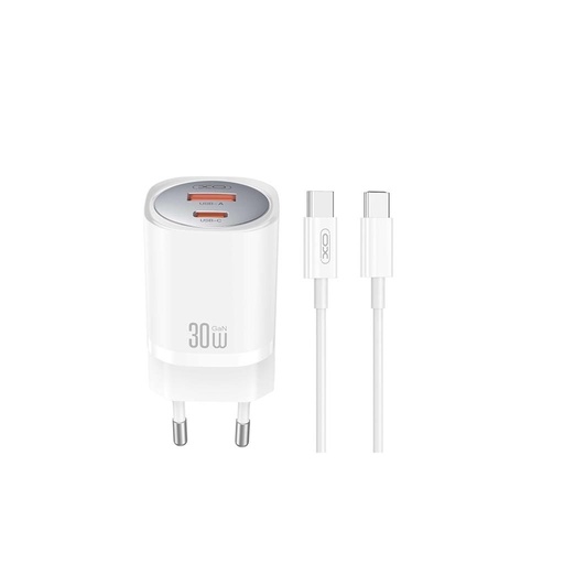 XO CE21 30W GaN szybka ładowarka (Biały) – USB-C + USB-A złącze, Type-C z kablem
