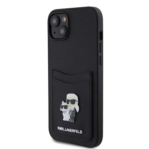 Apple iPhone 15 Karl Lagerfeld PU Saffiano Card Slot Metal Karl and Choupette etui (Czarny) – KLHCP15SSAPKCNPK