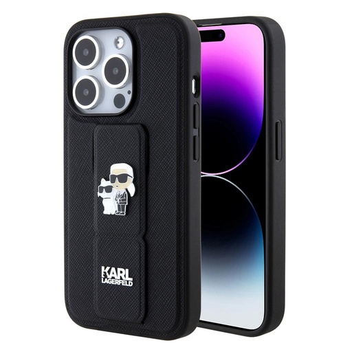 Apple iPhone 15 Pro Max Karl Lagerfeld Saffiano Grip Stand Metal Logo etui (Czarny) – KLHCP15XGSAKCPK