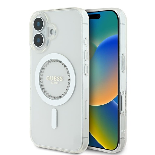 Apple iPhone 16 Guess IML Rhinestones Ring MagSafe etui (Biały) - GUHMP16SPFTDTEH
