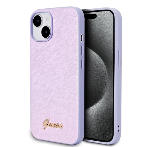 Apple iPhone 15 Guess PU Leather Iridescent Metal Script etui (Fioletowy) - GUHCP15SPSAIRSU
