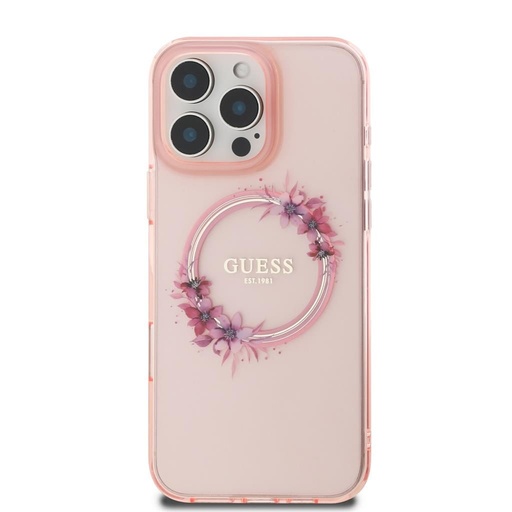Apple iPhone 16 Pro Guess IML Flowers Ring MagSafe etui (Różowy) - GUHMP16LHFWFCP