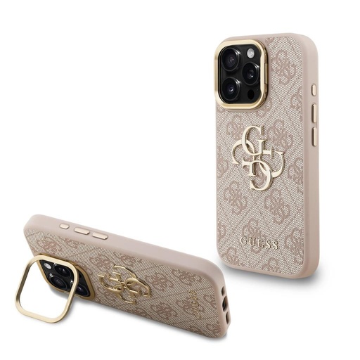 Apple iPhone 15 Pro Max Guess PU 4G Metal Logo Stand Camera Frame etui (Różowy) - GUHCP15XPCS4GP4P