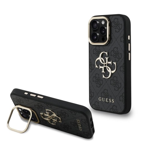 Apple iPhone 16 Pro Guess PU 4G Metal Logo Stand Camera Frame etui (Czarny) - GUHCP16LPCS4GP4K