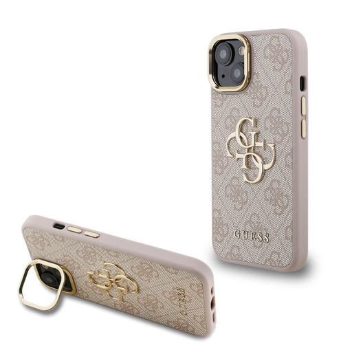 Apple iPhone 15 Guess PU 4G Metal Logo Stand Camera Frame etui (Różowy) - GUHCP15SPCS4GP4P
