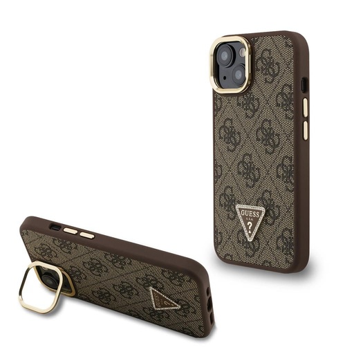 Apple iPhone 15 Guess PU 4G Strass Triangle Logo Stand Camera Frame MagSafe etui (Brązowy) - GUHMP15SPCS4GPTW